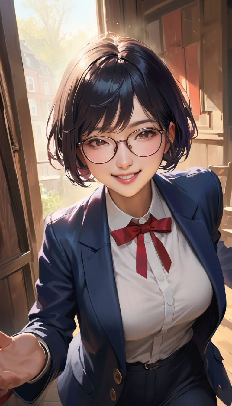 A high school girl with black short bob hair, Glasses,Red ribbon,wearing a navy blazer ,Happy smile,Moving,Happy atmosphere,realistic