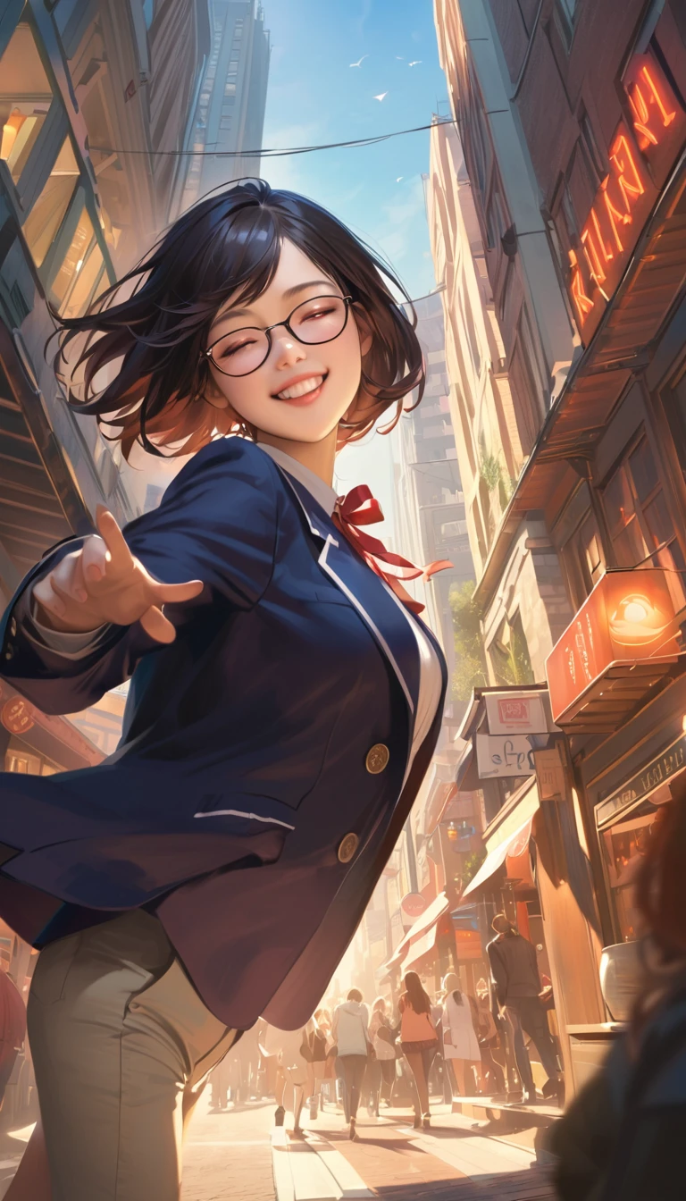 A high school girl with black short bob hair, Glasses,Red ribbon,wearing a navy blazer ,Happy smile,Moving,Happy atmosphere,realistic
