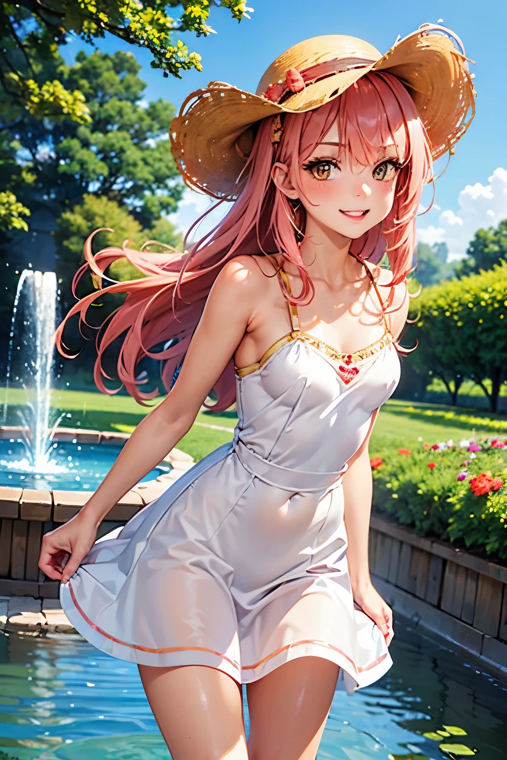 anime, 1 girl, blue eyes, , cute face, long hair, naked, 4K, high definition ultra, pink hair, smile, whole body, fountain and beautiful flowers, NSFW, (show off pussy), (pussy), Active, Wind