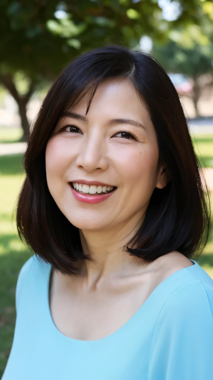 Standing in the park, Wrinkles around the eyes, Smiling with teeth showing, Plain short-sleeved clothing, senior citizen, Draw lips correctly, Red lipstick, No discomfort, 16K, Highest quality, Very detailed, Realistic, Very detailed肌, (Japanese), (alone), 60 years old, Large Breasts, , Glamour, sexy, Chromo White Skin, Staring straight ahead,