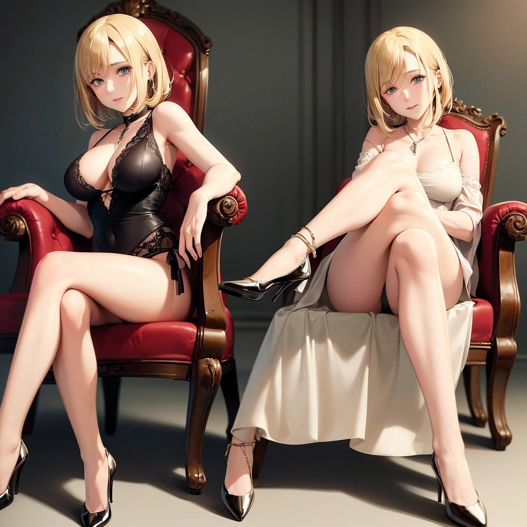 portrait of Vera Farmiga with blonde hair sitting on a chair, crossed legs, exposed legs, showing legs, high heels,