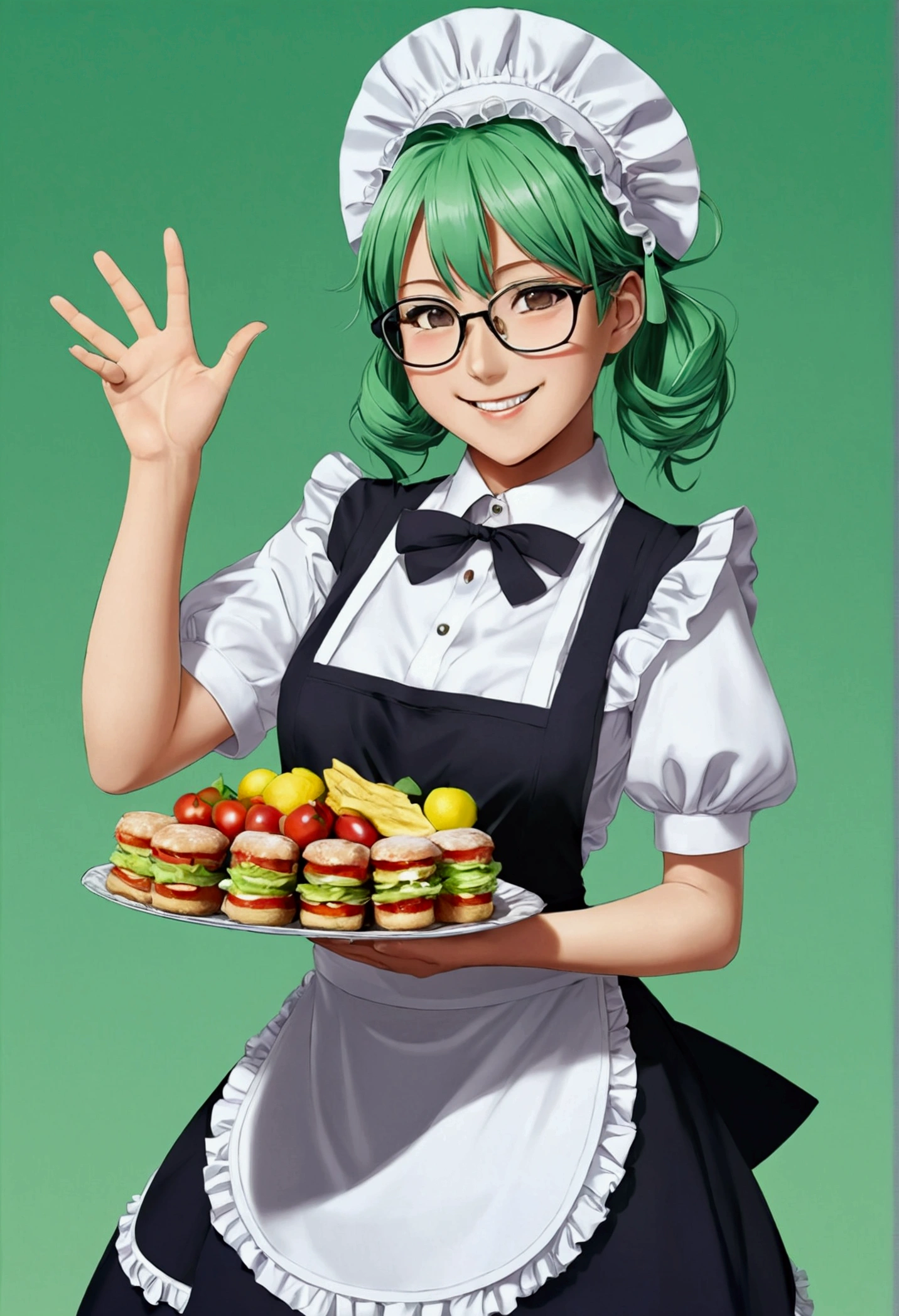anime girl, colored anime style with three color tones, maid, smiling, carrying the food, with glasses, by the green wide, big bust, anime style color, waving with one hand, 30 years, Super hot