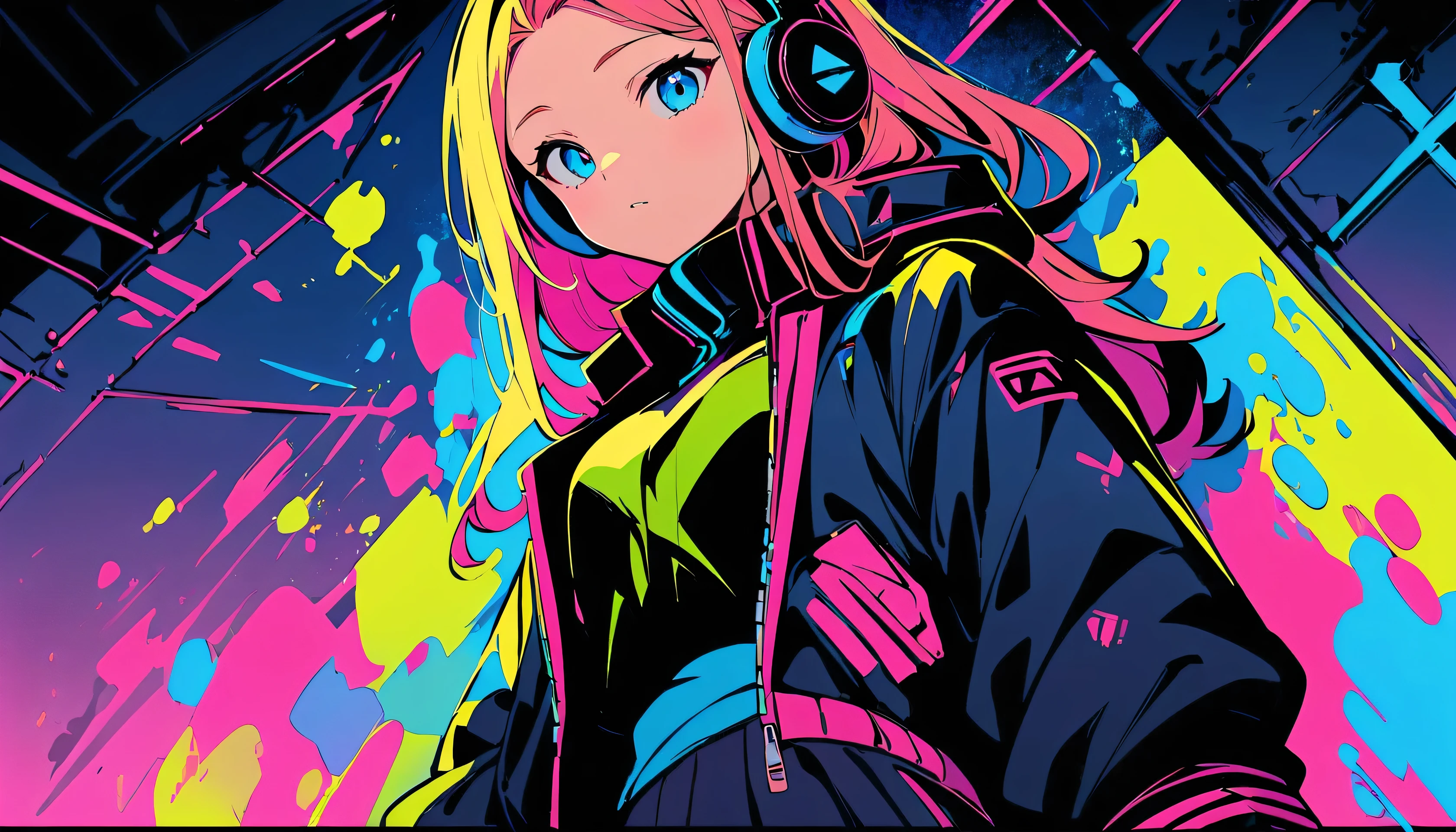 (high quality, 8k, 4K, High Contrast, masterpiece:1.2, 最high quality, Best aesthetics), (Dynamic Angle), ((1 female)), ((cyber punk)), ((Flat Color)), ((Colorful art)),,Riders jacket, Looking at the audience, Upper Body, Colored Background, High Contrast, Contrasting colors, Cowboy Shot,(Headphones)