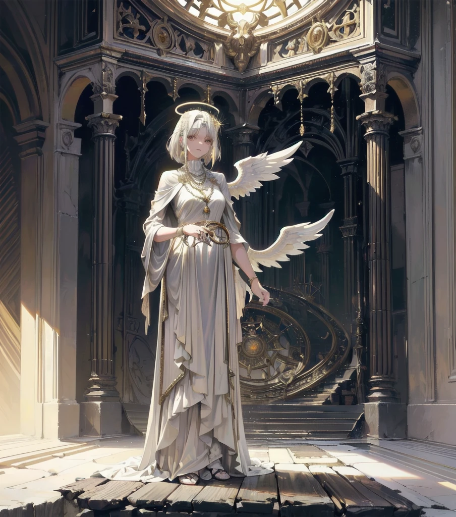 (Numerous award-winning masterpieces, with incredible detail, textures and maximum detail), (full-body standing image:1.8), (upper body up:0.3), (hyper realistic:1.4), (realistic:1.3), (best quality real texture skin), (finely detailed true circle Symmetrical eyes), (finely drawn beautiful face), (angel ring of divine brilliance above the head:1.8), ((medieval world)), (Elegant and divine white costume with elaborate workmanship: 1.8), (black angel of the Lord or white angel of the Lord:1.6), (full-body standing image:1.8), (Beautiful kind eyes), (she has a blissful smile on her face), (Beautifully colored eyes filled with compassion), (full-body standing image:1.8), Shining majestic cloud masses and sky, (halo optical phenomenon:1.3), (Angels dancing in the background), (Dramatic Light), (majestic sight), (Her expression is serene full of tenderness and very beautiful), ((Large wings with pure white feathers behind the shoulders)), (((Folded wings))), Glass earrings on the ears, (((dramatic photo))), (twilight), (sunset), (dusk), (Sacred Pose), (golden hair), (silver hair), (chestnut hair), Short cut hair, ((looks up)), ((looking down)), ((gives full-body standing image)), (Around her neck is a simple necklace of exquisite workmanship), Old ruins infested with plants, great temple, great cathedral, temple ruins, detached temple, (Luminous magic circle), Ruins of an ancient castle, Deserted ruins, crumbling ruins, Ancient ruins with clear water, Sacred Light, epic realistic, ((neutral colors)), (hdr:1.5), (muted colors:1.2), hyper detailed, cinematic, warm lights, dramatic light, (intricate details:1.1), complex background, highly detailed, ultra-realistic, intricate details, painting (artwork), ((masterpiece,best quality)), ((cinematic light)), fearsome, dark fantasy, faded, ((neutral colors)), art, (art station:1.5), light effect, dramatic light, (intricate details:1.1), complex background, (Greg rutkowski:0.8), (teal and orange:0.4),