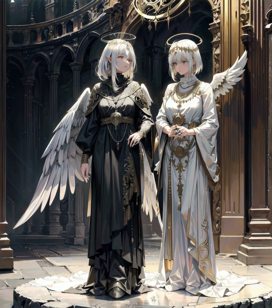 (Numerous award-winning masterpieces, with incredible detail, textures and maximum detail), (full-body standing image:1.8), (upper body up:0.3), (hyper realistic:1.4), (realistic:1.3), (best quality real texture skin), (finely detailed true circle Symmetrical eyes), (finely drawn beautiful face), (angel ring of divine brilliance above the head:1.8), ((medieval world)), (Elegant and divine white costume with elaborate workmanship: 1.8), (black angel of the Lord or white angel of the Lord:1.6), (full-body standing image:1.8), (Beautiful kind eyes), (she has a blissful smile on her face), (Beautifully colored eyes filled with compassion), (full-body standing image:1.8), Shining majestic cloud masses and sky, (halo optical phenomenon:1.3), (Angels dancing in the background), (Dramatic Light), (majestic sight), (Her expression is serene full of tenderness and very beautiful), ((Large wings with pure white feathers behind the shoulders)), (((Folded wings))), Glass earrings on the ears, (((dramatic photo))), (twilight), (sunset), (dusk), (Sacred Pose), (golden hair), (silver hair), (chestnut hair), Short cut hair, ((looks up)), ((looking down)), ((gives full-body standing image)), (Around her neck is a simple necklace of exquisite workmanship), Old ruins infested with plants, great temple, great cathedral, temple ruins, detached temple, (Luminous magic circle), Ruins of an ancient castle, Deserted ruins, crumbling ruins, Ancient ruins with clear water, Sacred Light, epic realistic, ((neutral colors)), (hdr:1.5), (muted colors:1.2), hyper detailed, cinematic, warm lights, dramatic light, (intricate details:1.1), complex background, highly detailed, ultra-realistic, intricate details, painting (artwork), ((masterpiece,best quality)), ((cinematic light)), fearsome, dark fantasy, faded, ((neutral colors)), art, (art station:1.5), light effect, dramatic light, (intricate details:1.1), complex background, (Greg rutkowski:0.8), (teal and orange:0.4),