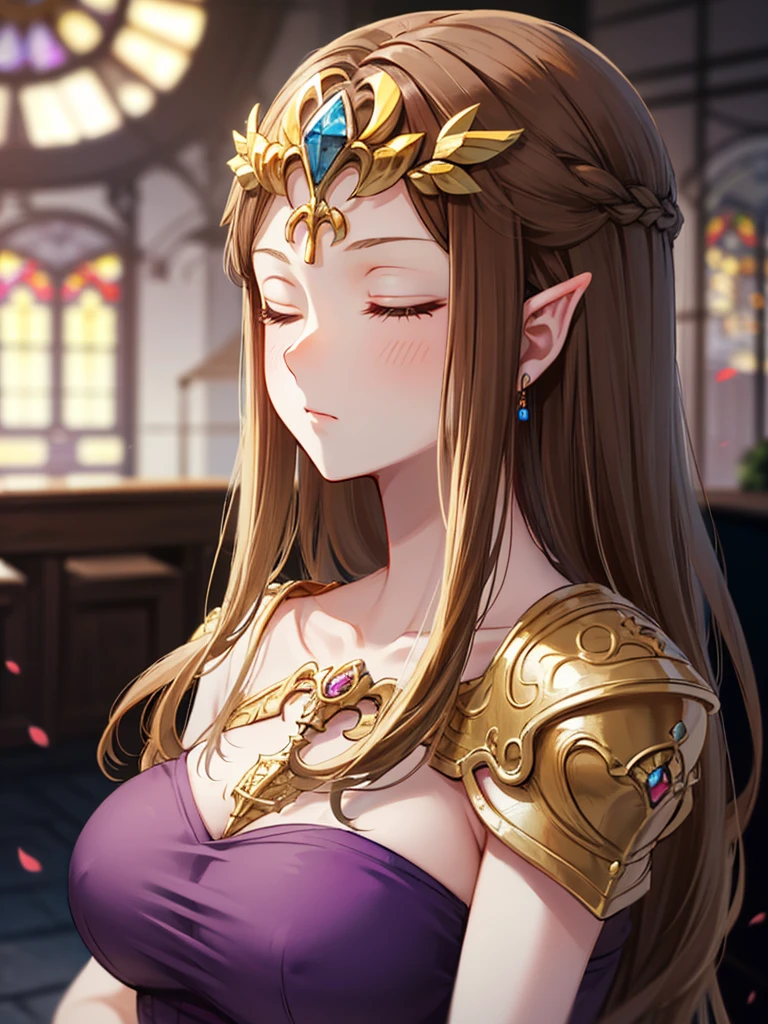 (((Offer a prayer))),((Face close-up)),((valley)),((((Exposed shoulders)))),(((Are standing))),,(((Golden hair ornament)),,(((Long Hair)))),((Big Breasts)),((((Exposed shoulders)))),((side angle)),Princess Zelda, ((Highest quality)),,(Very detailed) ,((Purple Blouse),((Expressionless)),, ((Highest quality)), (Very detailed), ,(((Dark brown hair))),Nintendo, (Straight hair),((Very beautiful mature woman)), ((Highest quality)), (Very detailed),((Close ~ eyes)) ,
