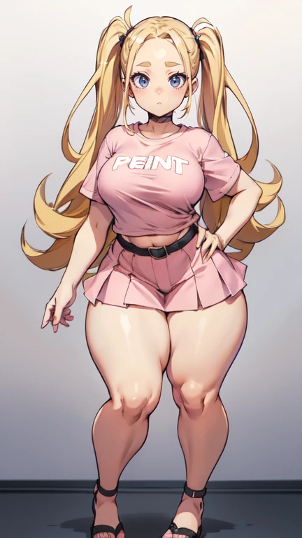 blank background, (((full body))), (masterpiece), ((best quality)), flat chest, (forehead), short twintail, (wide hips:1.6), (thick thighs:1.4), (very short skirt), sandals, belt below navel, blonde, (pink tshirt)