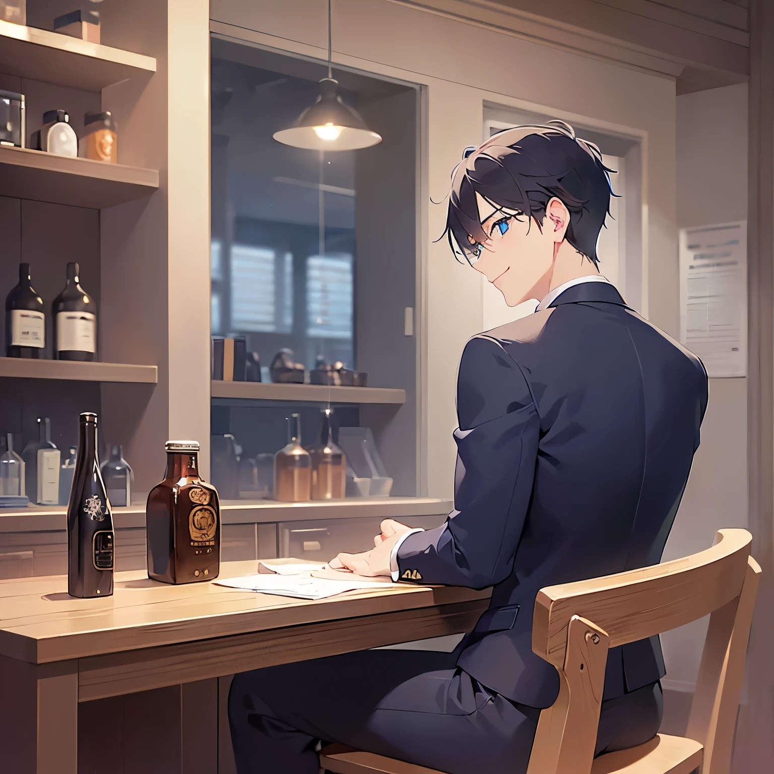 masterpiece、Highest quality、Back view、Shooting from behind、
(25-year-old male:1.5) and(Black short hair) and (blue eyes),
(suit:1.5) and (Blue tie)(suit:1.5) and (Blue tie)、
smile,The background is a tavern at night、Sitting、(alone:1.5)