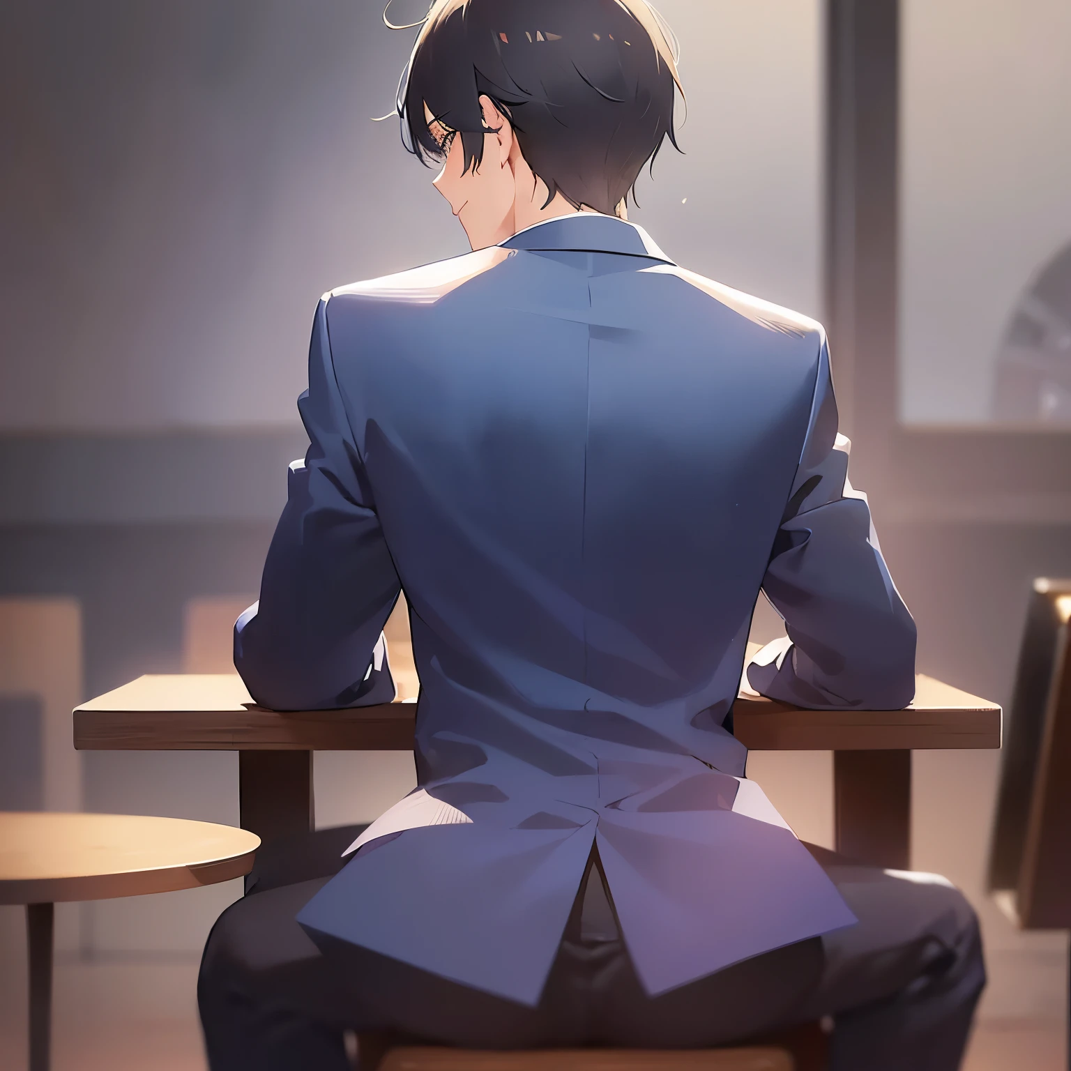 masterpiece、Highest quality、Back view、Shooting from behind、
(25-year-old male:1.5) and(Black short hair) and (blue eyes),
(suit:1.5) and (Blue tie)(suit:1.5) and (Blue tie)、
smile,The background is a tavern at night、Sitting、(alone:1.5)