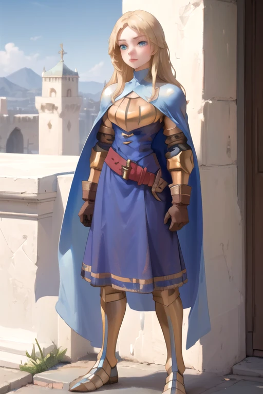(masterpiece, best quality), 1girl, solo, KnightFFT, long hair, blonde hair, blue eyes, cape, armor, blue dress, belt, gloves, boots, standing