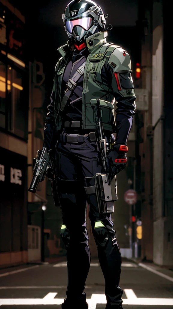 Male, young adult, wearing UN investigator gear and motorcycle helmet with mirrored visor, face and head concealed by helmet, fully in frame, standing at attention, arms at sides, lone figure, sole focus, singular person, Neon Genesis Evangelion style, evangelion anime style, Sadamoto Yoshiyuki art style, Neon Genesis Evangelion (1995)