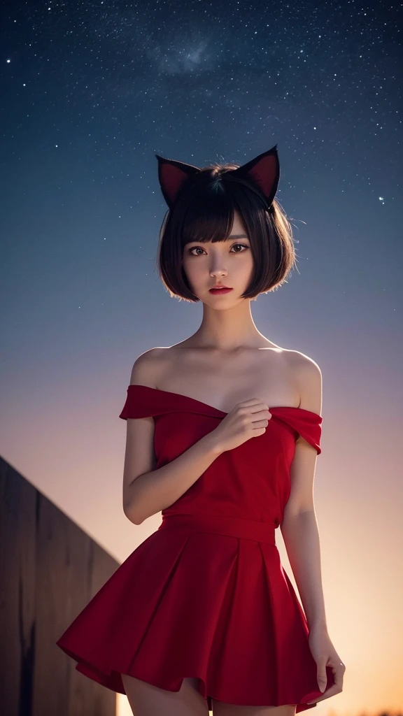 Delicate and dainty young woman with shiny bob-cut black hair and cat ears. She is wearing an off-the-shoulder bright red mini-skirt dress. The background is a fantastic and ethereal night sky that seems to be haunted by a specter. Her expression is stern and atmospheric. Angle from directly below.