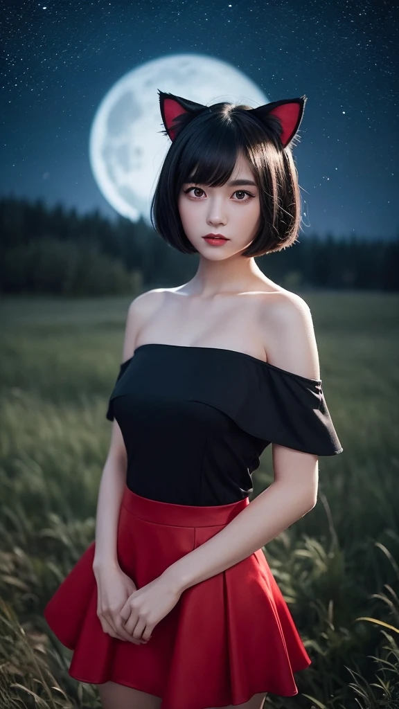 Delicate and dainty young woman with shiny bob-cut black hair and cat ears. She is wearing an off-the-shoulder bright red mini-skirt dress. The background is a fantastic and ethereal night sky that seems to be haunted by a specter. Her expression is stern and atmospheric. Angle from directly below.