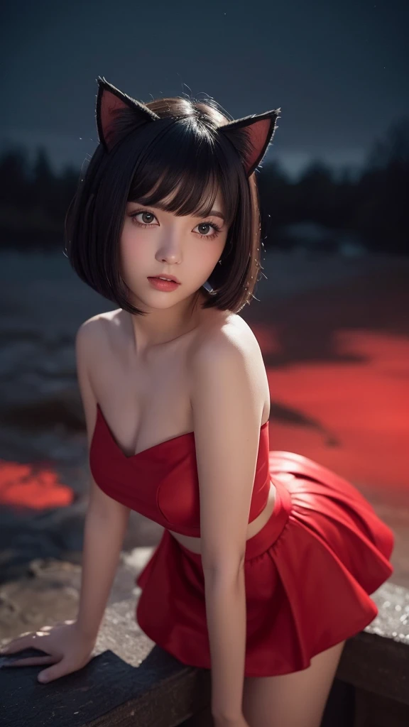 Delicate and dainty young woman with shiny bob-cut black hair and cat ears. She is wearing an off-the-shoulder bright red mini-skirt dress. The background is a fantastic and ethereal night sky that seems to be haunted by a specter. Her expression is stern and atmospheric. Angle from directly below.
