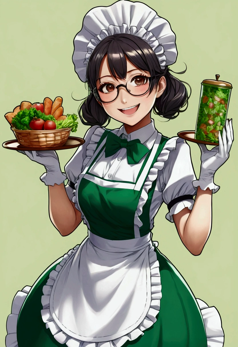 anime girl, colored anime style with three color tones, maid, smiling, carrying the food, with glasses, by the green wide, big bust, anime style color, waving with one hand, 30 years, Super hot 
