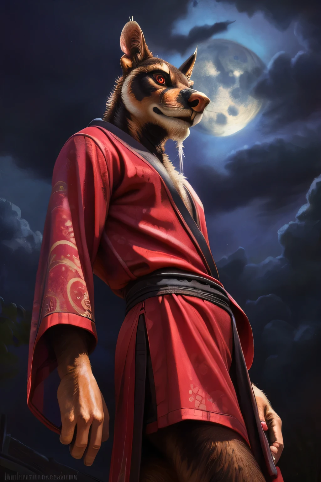 low angle view,
standing, evening, Moonlight, dress, kimono, red kimono, cola de instalment, Red eyes, goatee, brown body, White skin, black fur, sales, safe,
(master sliver:1.2), side view, Alone, top clothing, black briefs underwear,
BREAK,
by bruteandbrawn, by personals, by Kenket, (Intricate, High detail, film photography, soft focus, RAW candid cinema,
photorealism, realist, photorealist, analog style, subsurface dispersion,
masterpiece, Best Quality, ultra realist, 8k)