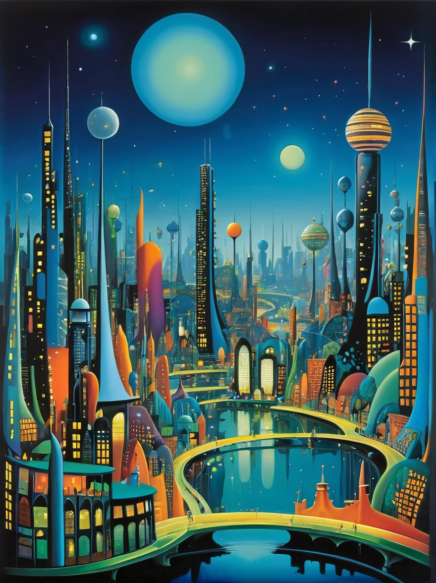 (in style of Desmond Morris:1.5), city landscape,future world,Night view