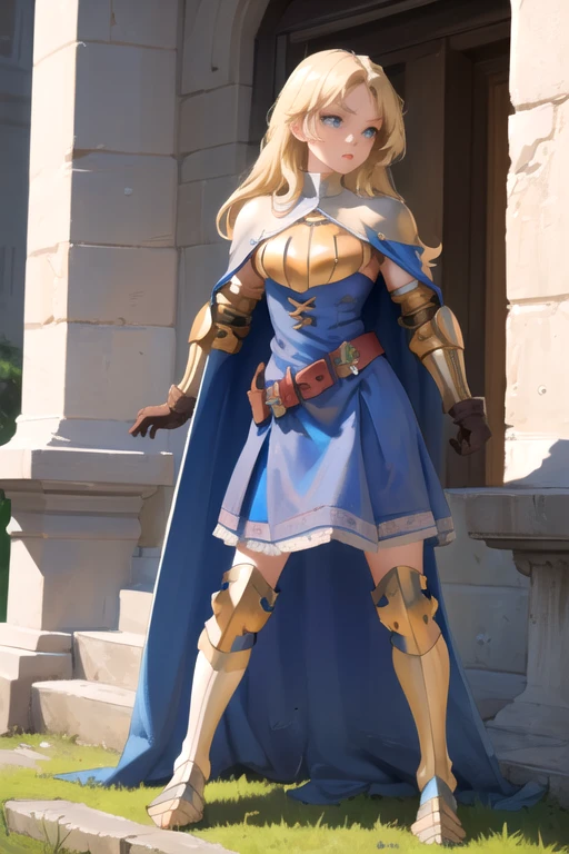 (masterpiece, best quality), 1girl, <lora:FinalFantasy_FemaleKnight:1> KnightFFT, long hair, blonde hair, blue eyes, cape, armor, blue dress, belt, gloves, boots,