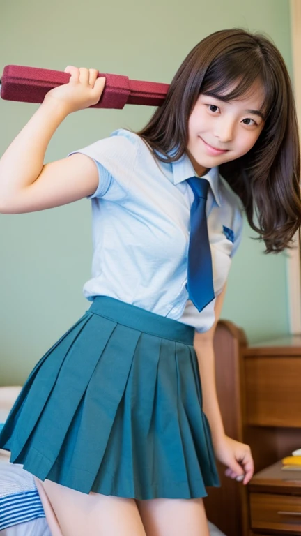 masterpiece, highest quality, Complete Anatomy、Raw photo, Photorealistic、(Cute face:1.6)、(very cute smile:1.7)、(Round face:1.8)、(Cute like an idol:1.7), Black-haired、(brightly colored school uniforms:1.7), Depth of written boundary, High resolution, Ultra-detailed, In detail, Very detailed, Very detailed目と顔, Realistic students, Sharp focus, 18-year-old female、(One Woman、solo:1.3)、 ponytail、Curly Hair、Very detailed8K壁紙、Please show me your whole body、Looking at the camera、(Too short checkered pleated skirt、I can see your pants、Panties、白色のPantiesー:1.7)、standing、Angle from below、(A beautiful figure、Clothing that emphasizes the bulge of the chest、huge 、Big breasts and small waist)、