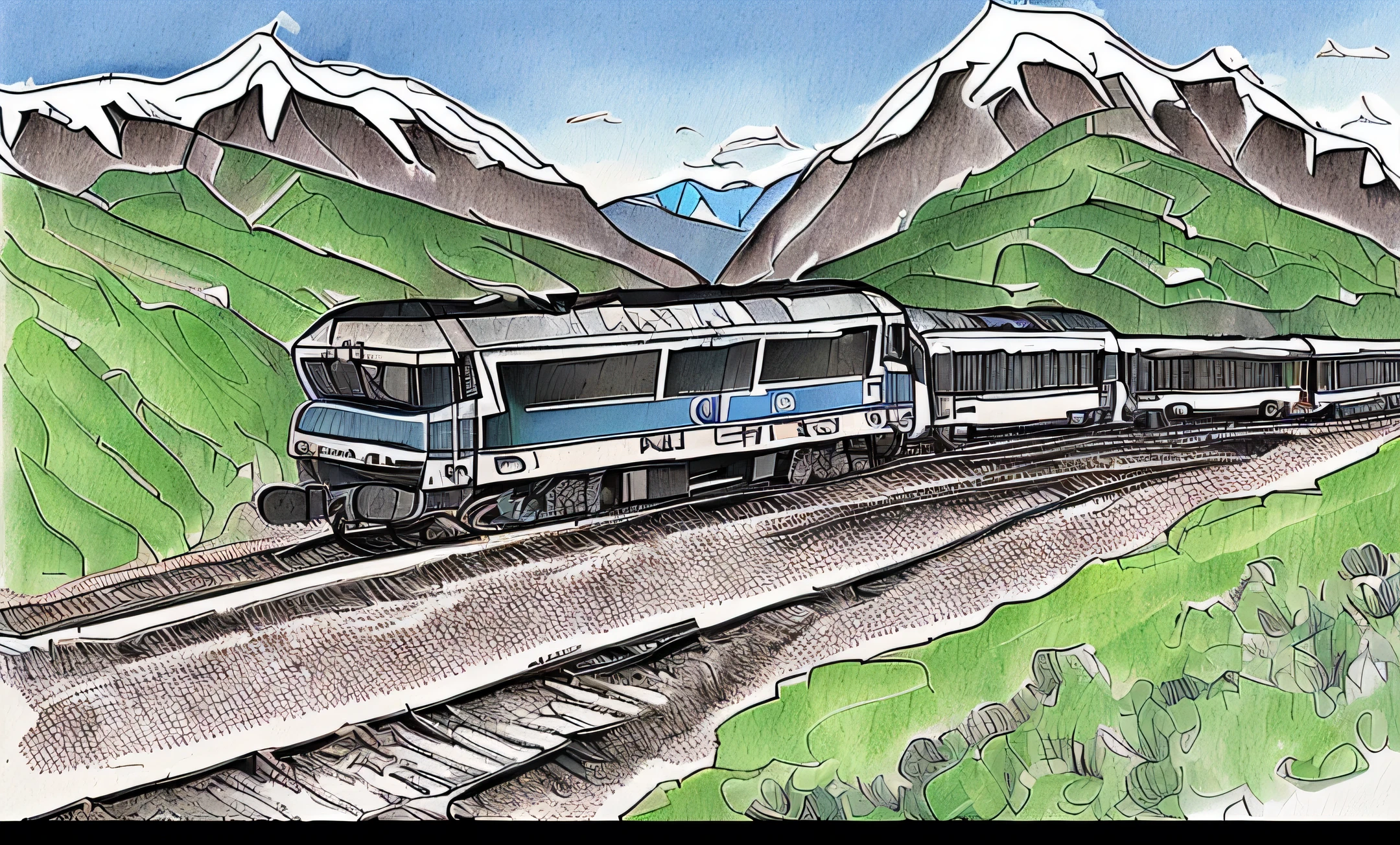 diesel Train in the mountains cartoonish, sketch style