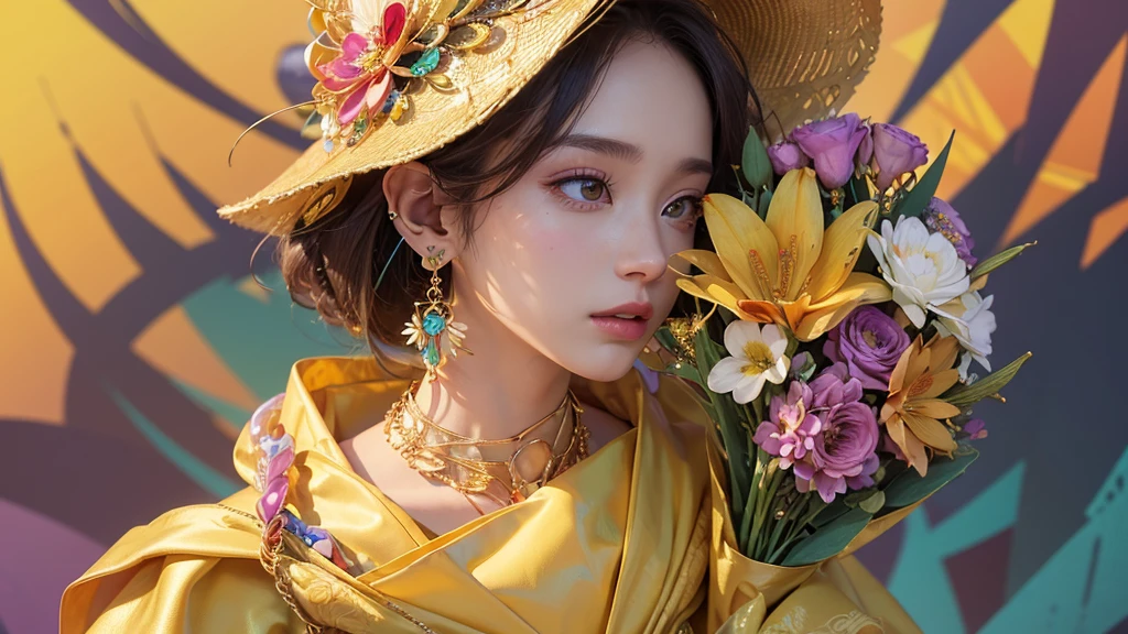 32K, 最高quality, 最高masterpiece, (ultra-Detailed Background, Detailed Background), Absurd, High resolution, Super detailed, Very detailedな, One girl, (bouquet:1.3), (Tangled:1.2), (Geometric:1.2),(colorful),(masterpiece, quality, best quality, Official Art, Beautiful and beautiful:1.2), (1 girl:1.3), Very detailed,(colorful:1.1)(Flowers:1.3),Most detailed,(Tangled:1.2), whole body, (Abstract background:1.3), (Skin glows), (Many colors:1.4), ,(Earrings Jewelry:1.5), Pale yellow background,