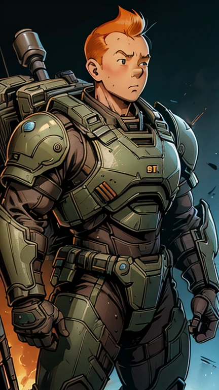 (s:1man: Tintin), (extremely detailed CG unit 8k wallpaper),(master part), (best quality), (ultra detali), (best illustration),(doomXP), cowboy shot, (Sharp eyeliner, ombre, detailed eyes:1),Dark midnight derelict spaceship interiors background, ,break , (wearing armor), upper body, short hair, orange hair