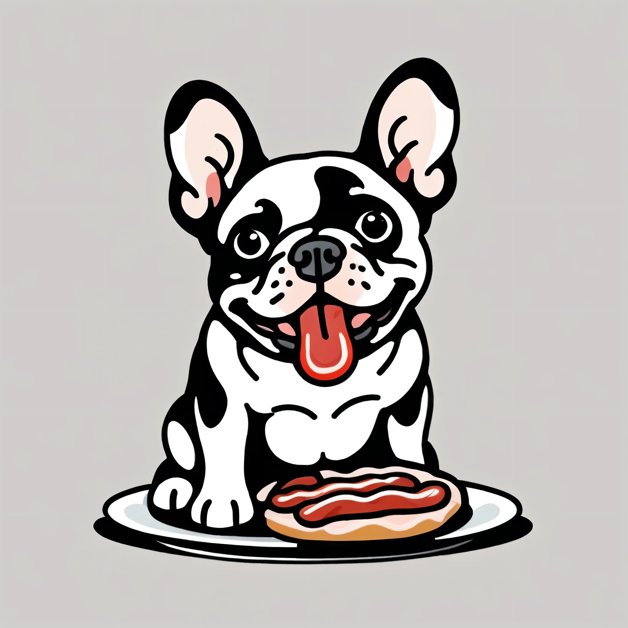 Fashionable illustration logo mark of apparel brand

 White background
 All other patterns are black

 A logo of a French bulldog happily licking bacon on a plate with his tongue

 The licking tongue is dripping

 as lovely as a lamb

 A two-tone white and black design.
 However, only the bacon that the French bulldog licks with his tongue is designed to be red.

 a bare-faced French bulldog Pretty cool chic and modern design Stylish design White background French bulldog smiles French bulldog is very cute French bulldog licks bacon with tongue happily
