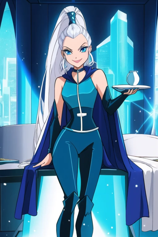 
 blue eyes, white hair, ponytail, very long hair, eyeshadow, WitchOutfit, sleeveless, dark-blue bodysuit, kneeboots, gloves, blue cape, icywinx, smile, room