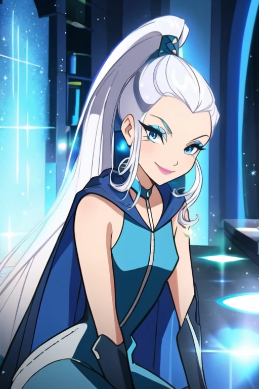 
 blue eyes, white hair, ponytail, very long hair, eyeshadow, WitchOutfit, sleeveless, dark-blue bodysuit, kneeboots, gloves, blue cape, icywinx, smile, room