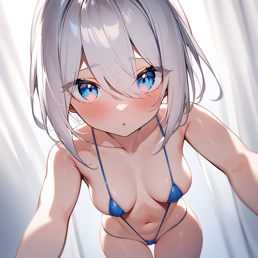 nsfw,1 girl,Solo,medium breasts,High lightness,High Saturation,White hair,masterpiece,best quality,very aesthetic,absurdres,(eyes:1.3),(eyes visible through hair),(looking at viewer),(Androgynous),(micro Bikini:1.5),(Covered nipples),cowboy shot,(Transparent),(no bra),(straight-on),(dynamic angle),(one-piece wedgie)