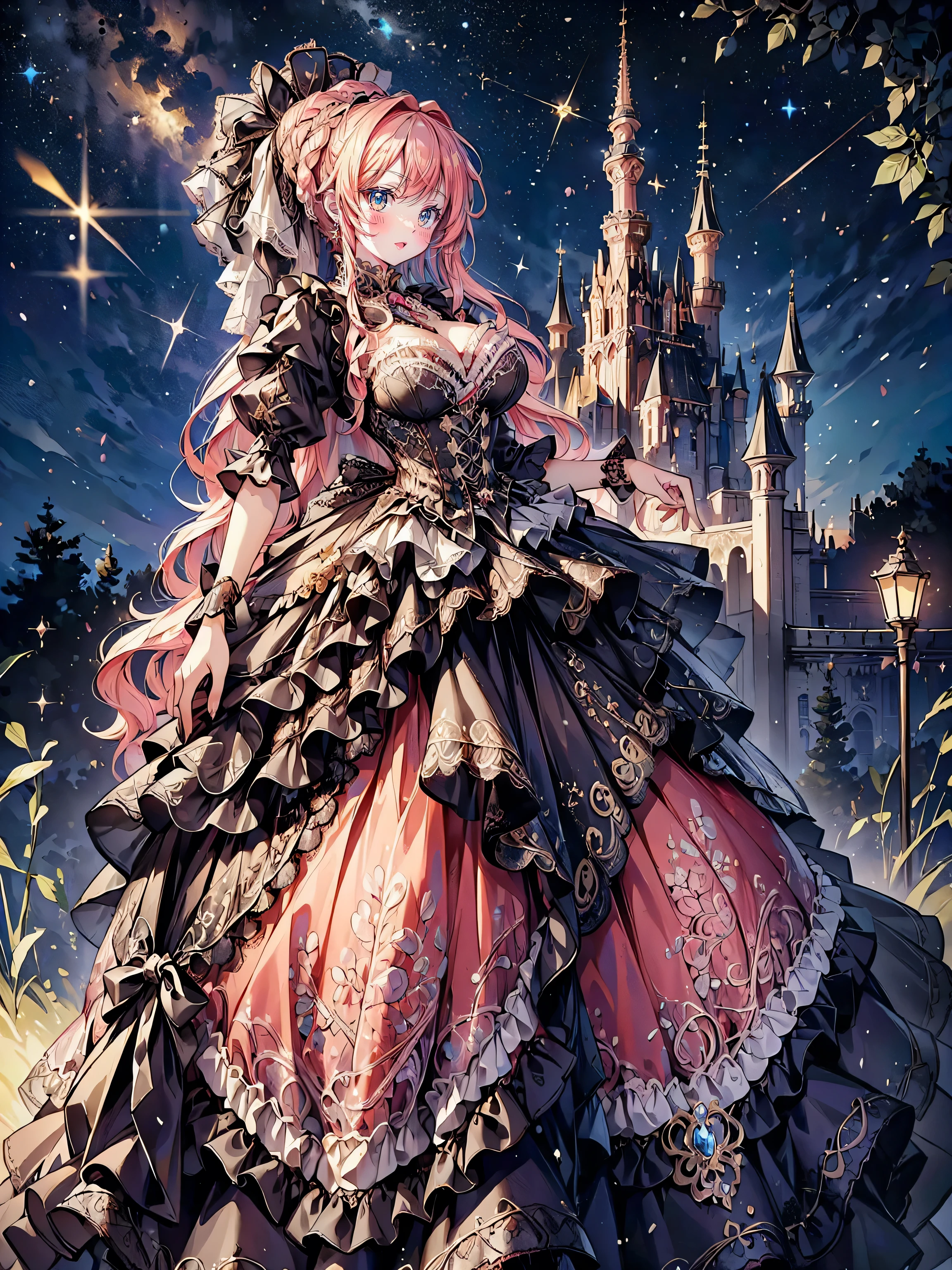 ((Superbly detailed drawing, ultra detailed, exquisite quality, absolutely resolution)), (((young face solo princess))), (((Unsurpassed gorgeous rococo victorian gown with voluminous huge hoopskirt and long hems, princess style skirt:1.5))), ((transparency gown, fluffy and full of pleats skirt:1.3)), (Super detailed and intricate exquisite design gown:1.5), ((overwhelming amount many ruffles with ribbons with intricate lace with Super detailed and intricate embroidery gown:1.9)), ((huge breasts, breasts cleavage)), (ponytail, fluffy long Expressive, hair pink hair), super voluminous long hair, hair ornament tiara, happy smile, (((curtsey:2))), (blurry background, depth of field:1.35), super detailed skin, super delicate and beautiful face, (eyes blue eyes), (backlighting, particle effect, caustics), (((sharp focus))), ((fantasy castle, night sky)), (magnificent panorama view, dynamic angle:1.3),