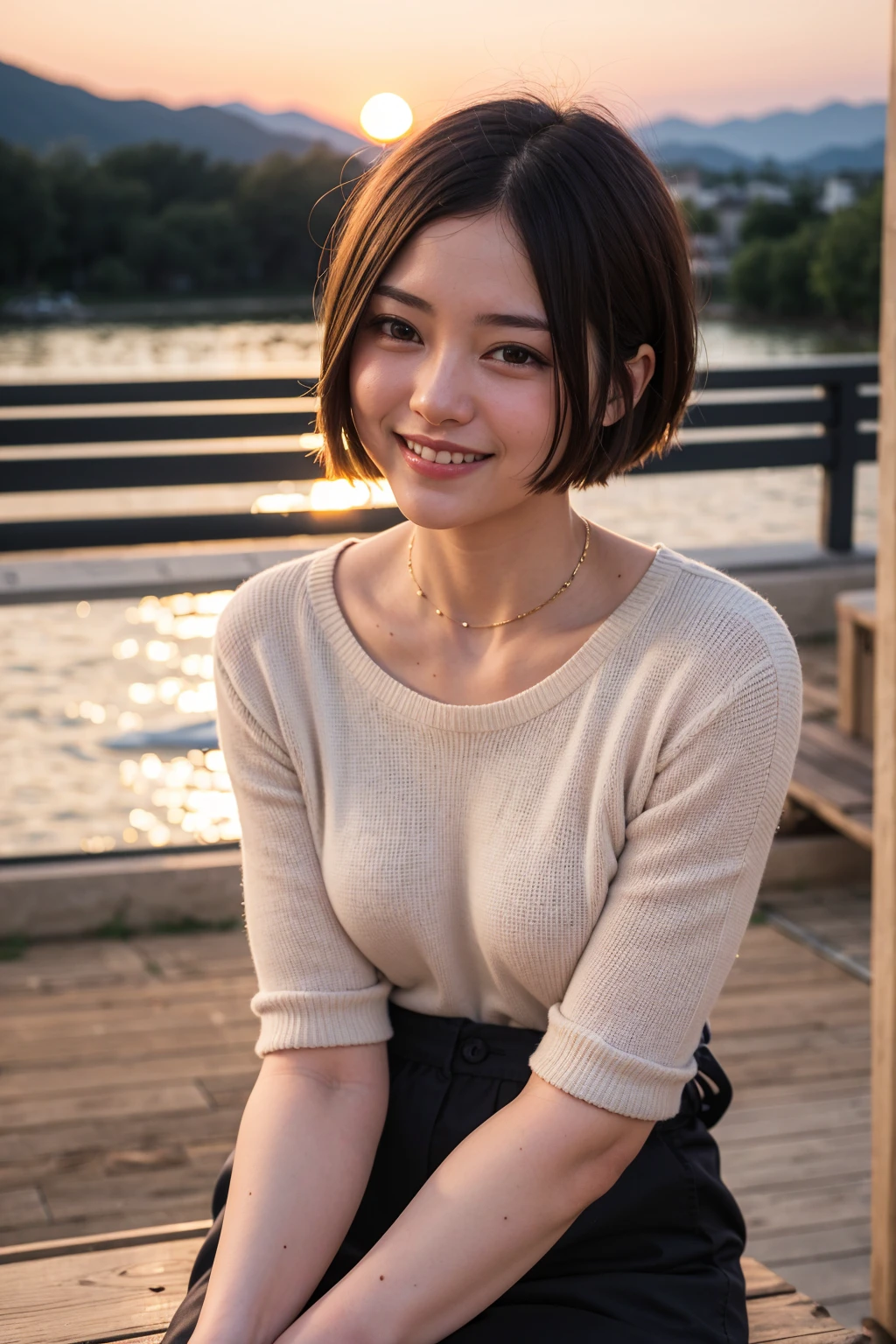 Top quality, 1 beautiful woman, pixie cut, shy smile, sunset