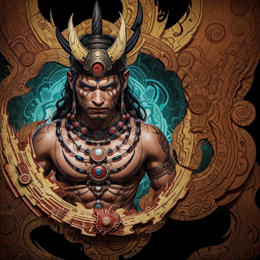 mayan explosive, supernatural painting of a shape-shifting deity, adorned with chaotic and omnipresent Mayan motifs, piercing eyes, a breathtaking amalgam of art and captivating photo collage, Mesmerizing poster design:: woody tone:: full body:: warrior man:: its appearance exuded the enigmatic allure of ancient Mayan minimalism fused with cosmic chaos:: --ar 9:16 --s 963 --c 9 --q 2 --v 5
