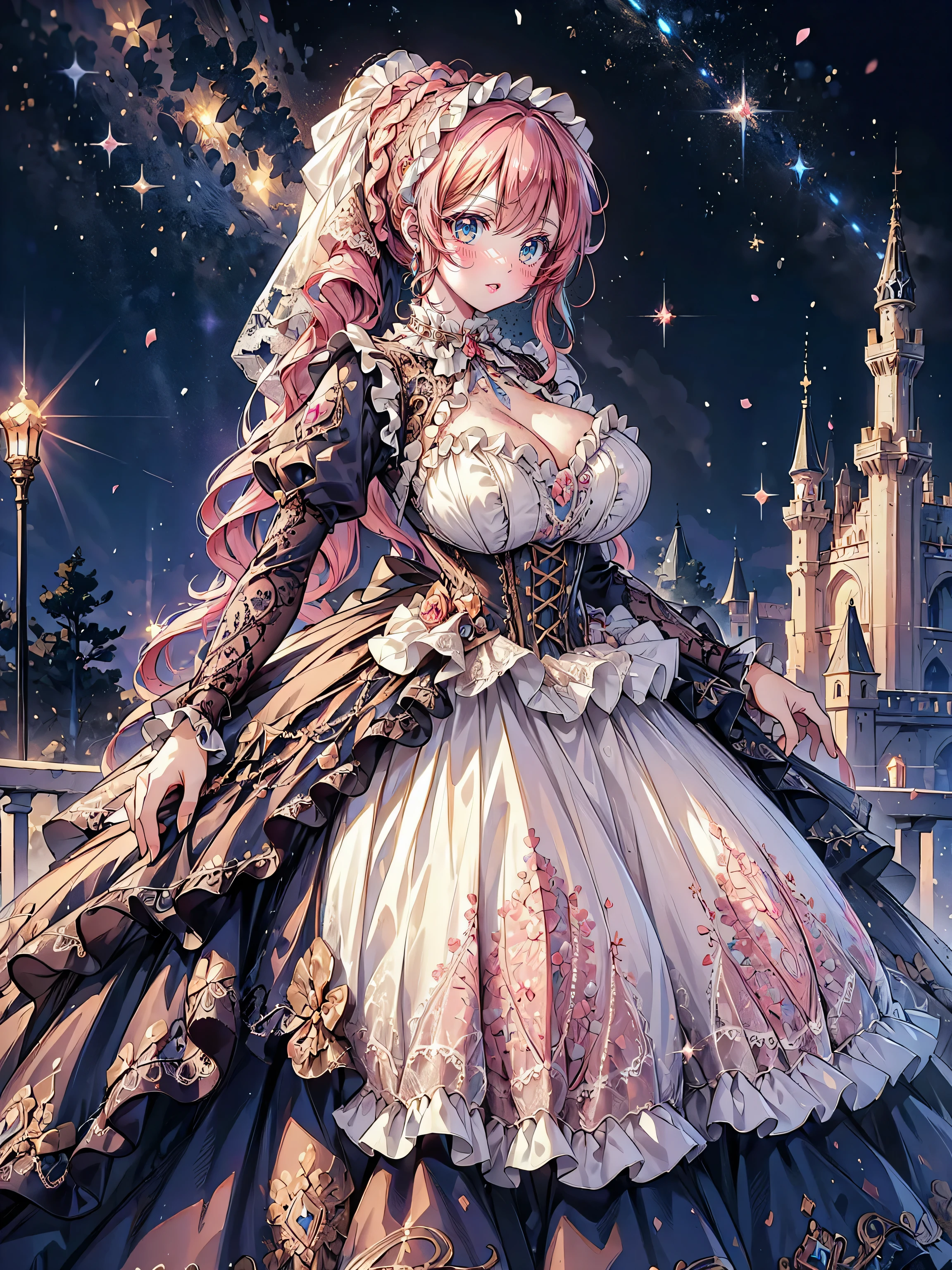 ((Superbly detailed drawing, ultra detailed, exquisite quality, absolutely resolution)), (((young face solo princess))), (((Unsurpassed gorgeous rococo victorian gown with voluminous huge hoopskirt and long hems, princess style skirt:1.5))), ((transparency gown, fluffy and full of pleats skirt:1.3)), (Super detailed and intricate exquisite design gown:1.5), ((overwhelming amount many ruffles with ribbons with intricate lace with Super detailed and intricate embroidery gown:1.9)), ((huge breasts, breasts cleavage)), (ponytail, fluffy long Expressive, hair pink hair), super voluminous long hair, hair ornament tiara, embarrassed, (((curtsey:2))), (blurry background, depth of field:1.5), super detailed skin, super delicate and beautiful face, (eyes blue eyes), (backlighting, particle effect, caustics), (((sharp focus))), ((lot's of colorful flowers, in fog forest:1.5)), (fisheye lens:1.2), (very wide shot, magnificent panorama view, dynamic angle:1.5), ((full body)), (looking viewer, looking up, from above, from front:1.5), 