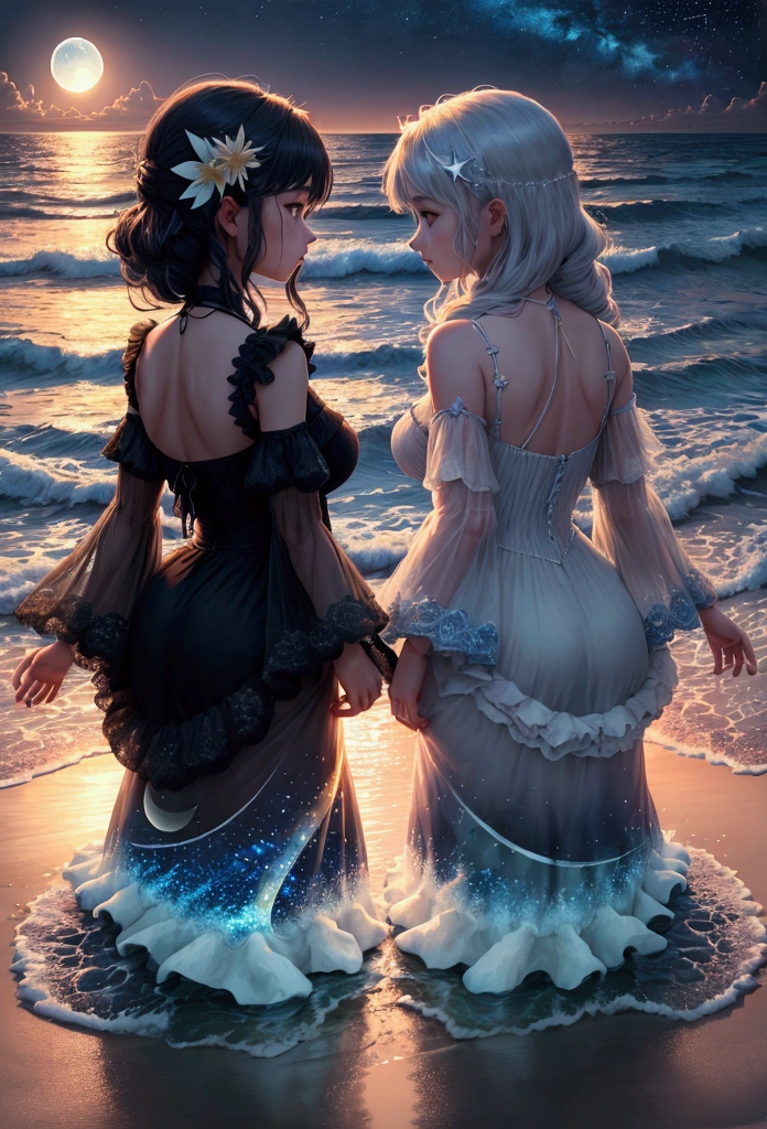 1 girl, a distant figure by the beach contemplating the moon and the sea, (enlarged: 1.1), (reflection of the moon in the water: 1.2), (starry night: 1.1), moon and sea, low angle, from the side, beach scene, arena, breaking waves, 4K quality, masterpiece, night sky, showy, starry, stars, Clear water, details in the water, Rocky formations, luz outfit, vibrant colors, sharp focus, Realistic details, High resolution vivid illustration, HDR effect, Ultra detailed features.