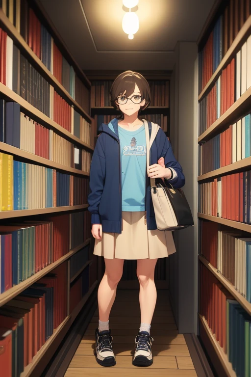 She is a short girl with short hair up to her brown cheeks and always has her glasses on.,She is dressed in a sweatshirt and a skirt that reaches her ankles, carrying a blue purse in a library. (anime) (HD) (4k)