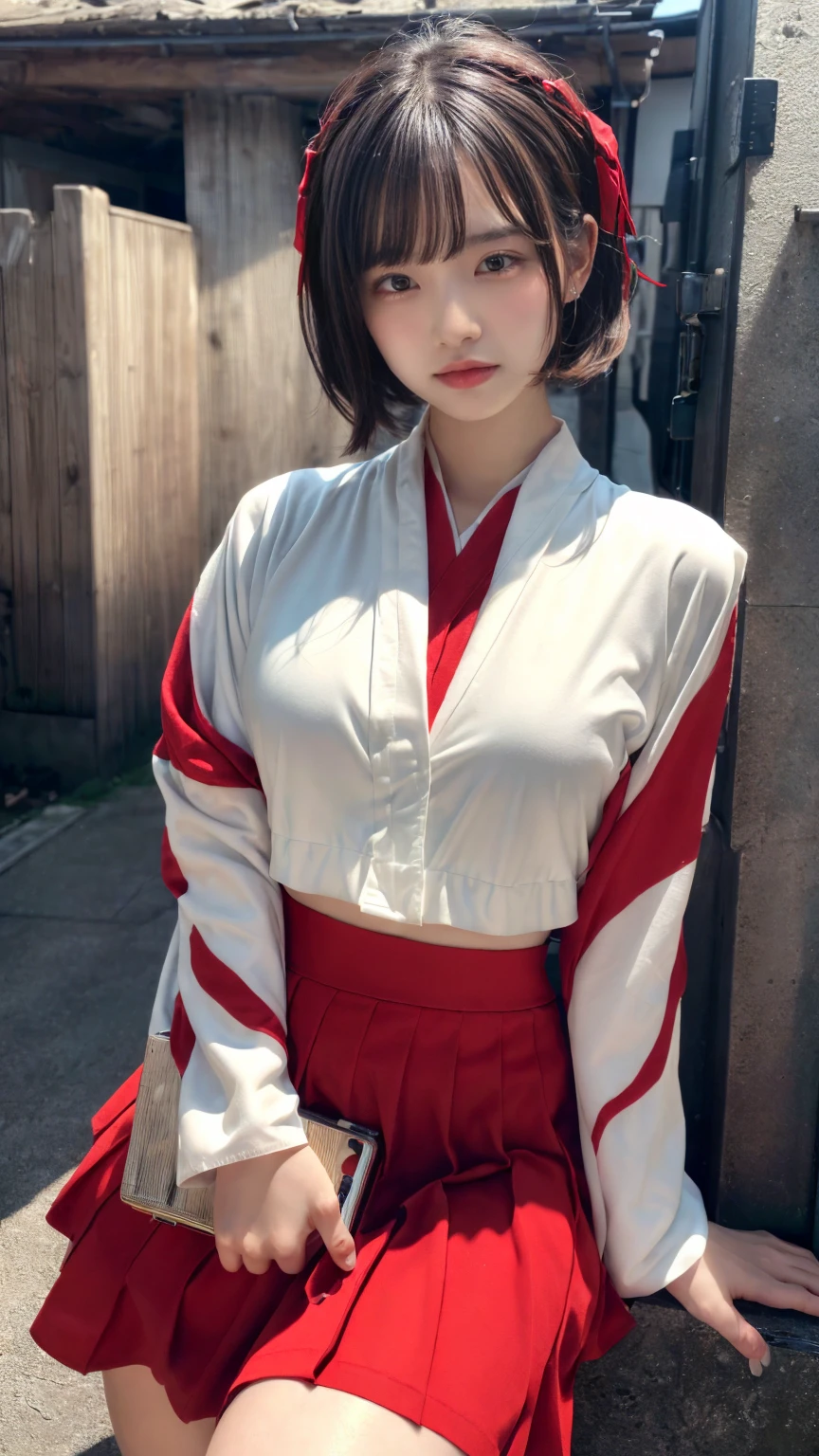 (absurdres:1.3), (highres:1.3), (ultra detailed:1.3),(1girl:1.3), (extremely detailed CG unity 8k wallpaper:1.3), (detailed skin texture, detailed cloth texture, detailed hair texture), (beautiful detailed face, supermodel, pale skin, realistic glistening skin), (RAW photo, best quality), (realistic, photo-realistic:1.4), masterpiece, extremely delicate and beautiful,Amazing, finely detail, extremely detailed CG unity 8k wallpaper, huge filesize, ultra-detailed, highres, absurdres, soft light,rim light, vibrant details, short bob hair, black hair color, Big Natural Color Lip, (perfect body shape), beautiful legs, BREAK (white and red theme:1.4), (fusion of (white kimono tops:1.2) and (red high-waisted maxi length skirt):1.4), (long sleeve:1.3), (kimono-collar:1.2), (red outlines on white kiomno:1.2), (white very short ankle socks:1.2), (Japanese clogs geta:1.2),
crying a little、little smile, Harajuku style、20 year old girl、cute type、ta、open legs