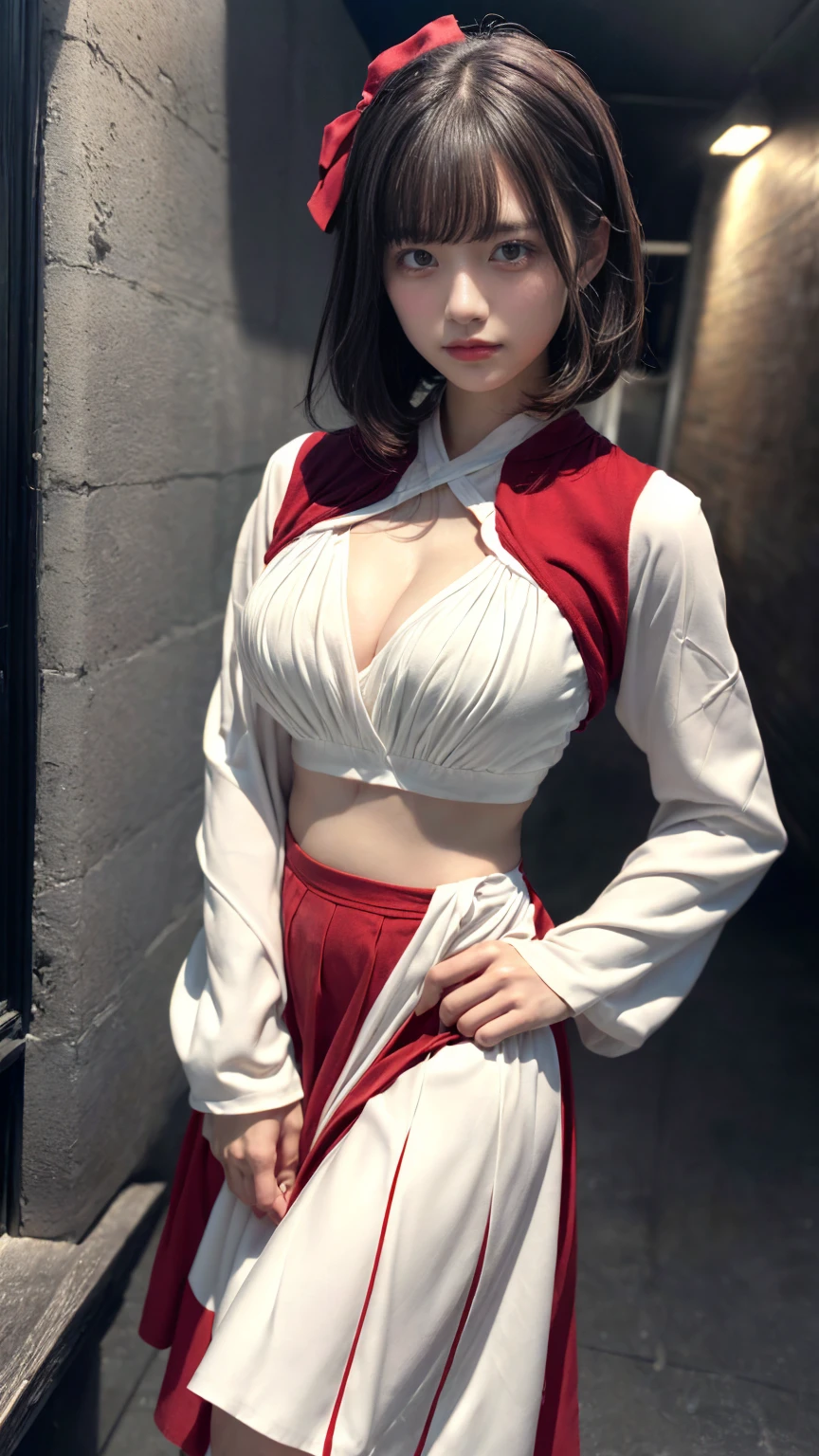 (absurdres:1.3), (highres:1.3), (ultra detailed:1.3),(1girl:1.3), (extremely detailed CG unity 8k wallpaper:1.3), (detailed skin texture, detailed cloth texture, detailed hair texture), (beautiful detailed face, supermodel, pale skin, realistic glistening skin), (RAW photo, best quality), (realistic, photo-realistic:1.4), masterpiece, extremely delicate and beautiful,Amazing, finely detail, extremely detailed CG unity 8k wallpaper, huge filesize, ultra-detailed, highres, absurdres, soft light,rim light, vibrant details, short bob hair, black hair color, Big Natural Color Lip, (perfect body shape), beautiful legs, BREAK (white and red theme:1.4), (fusion of (white kimono tops:1.2) and  (red high-waisted maxi length skirt):1.4), (long sleeve:1.3), (kimono-collar:1.2), (red outlines on white kiomno:1.2), (white very short ankle socks:1.2), (Japanese clogs geta:1.2),
 crying a little、little smile, Harajuku style、20 year old girl、cute type、lolita、open legs