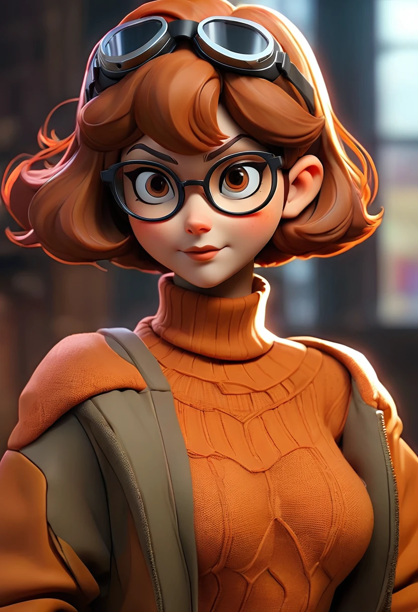 masterpiece,best quality, highly detailed, score_9, score_8_up, score_7_up, score_6_up,source anime,BREAK
 velma,1girl, glasses, solo, breasts, brown hair, turtleneck, sweater, brown eyes, short hair, freckles, ((large breasts)), lips, smile, turtleneck sweater, orange sweater, looking at viewer, bangs, parted lips, ((glowing cyberpunk goggles)), full body big-boobs  