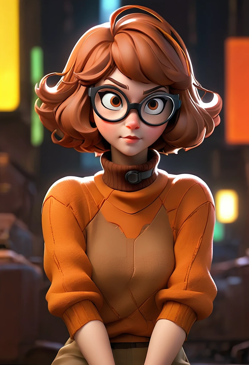 masterpiece,best quality, highly detailed, score_9, score_8_up, score_7_up, score_6_up,source anime,BREAK
 velma,1girl, glasses, solo, breasts, brown hair, turtleneck, sweater, brown eyes, short hair, freckles, ((large breasts)), lips, smile, turtleneck sweater, orange sweater, looking at viewer, bangs, parted lips, ((glowing cyberpunk goggles)), full body big-boobs  