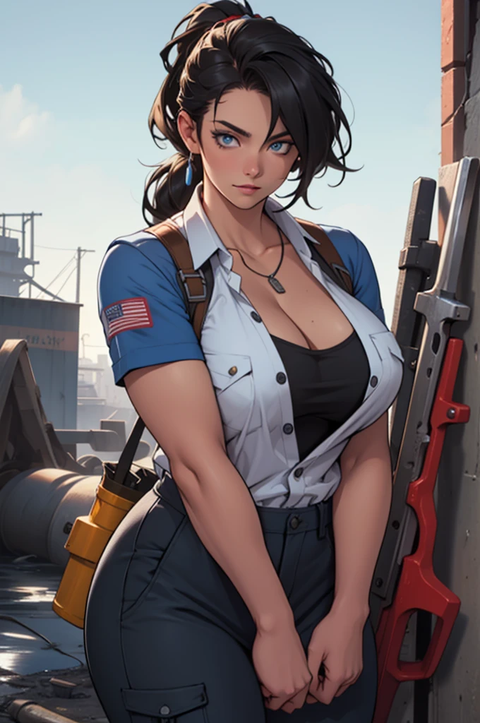 (best quality, highres, HDR:1.2), hair flaps, massive hair, ponytail hair, black hair, highly detailed face and body, beautiful skin, light blue eyes, perfect body, curvy, huge breasts, cleavage, mechanic, mechanic outfit, wear a cap, oil spill, tools