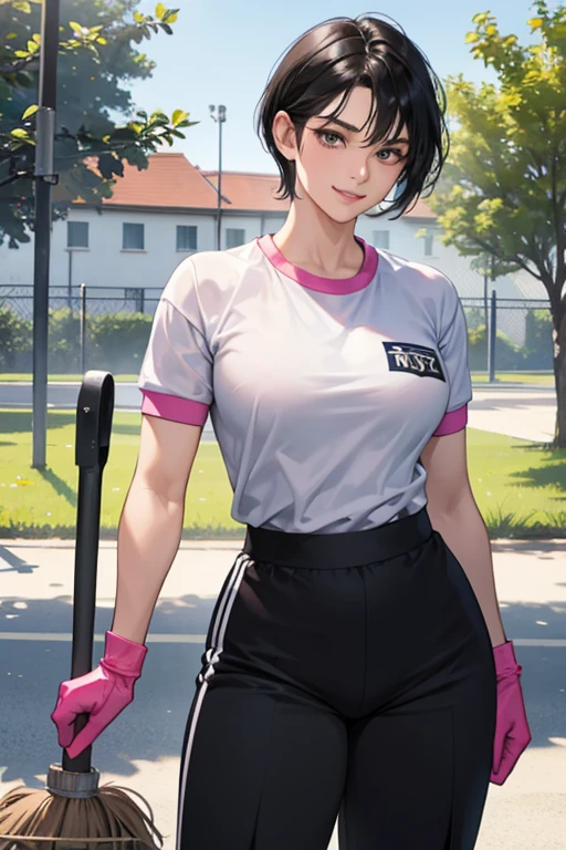 A muscular mature woman with short black hair and a gym uniform with short sleeves and long pants is cleaning up a schoolyard in midsummer with a broom and wearing oversized pink rubber gloves and a gentle smile.