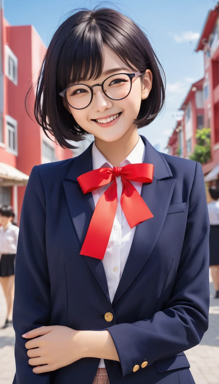 A high school girl with black short bob hair, Glasses,Red ribbon,wearing a navy blazer ,Happy smile,Moving,Happy atmosphere