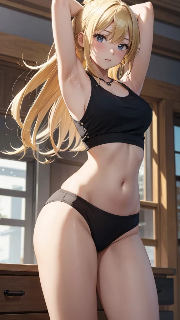 1 girl, Marie Rose, Blonde hair, Long, hard, Micro bikini, Full body, Stripes, Squatting on the ground, Open legs, Open legs, Thrusting hips, High heels, Hands behind the head, Armpit poses, Back, City background, Perfect eyes, Perfect hands, Ultra high definition, Cinematic angle, Professional lighting, Top quality, Masterpiece, Side light, Sharp, Perfect Focus, Bokeh, Photorealistic, (Beautiful eyes with fine details:1.3), Realistic, (3D Face:1.1), (Shiny Skin:1.5), (Ultra High Resolution Complex Face Details), (Facial Skin Pore: 1.3), Ultra High Resolution Cloth Texture, 8K Eye Details, 8K Pupil,