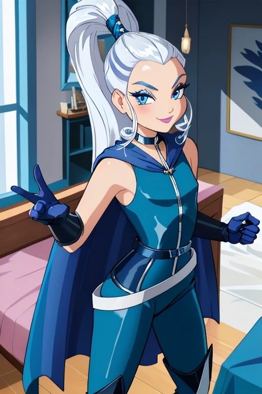 
 blue eyes, white hair, ponytail, very long hair, eyeshadow, WitchOutfit, sleeveless, dark-blue bodysuit, kneeboots, gloves, blue cape, icywinx, smile, room, stsnding, room