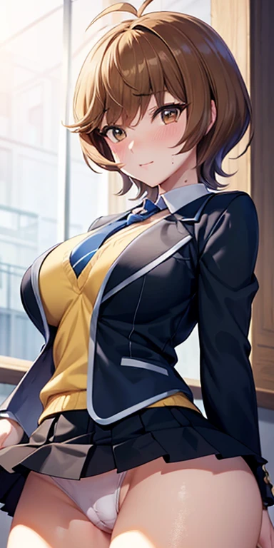 1 Female,High definition,high resolution,Ultra-realistic,8K, hmza, short hair, antenna hair, brown eyes, , blue necktie, (black jacket), yellow shirt,long sleeves,( black skirt),tight skirt , miniskirt,European,sexy,Upper body close-up,Photographed from the front,Dynamic Angles,blush, (big tits ), happy, wink the eye,facial, sweat ,(wide thighs:1.4),(white panties),(show panties),(pubic hair),(cameltoe)
