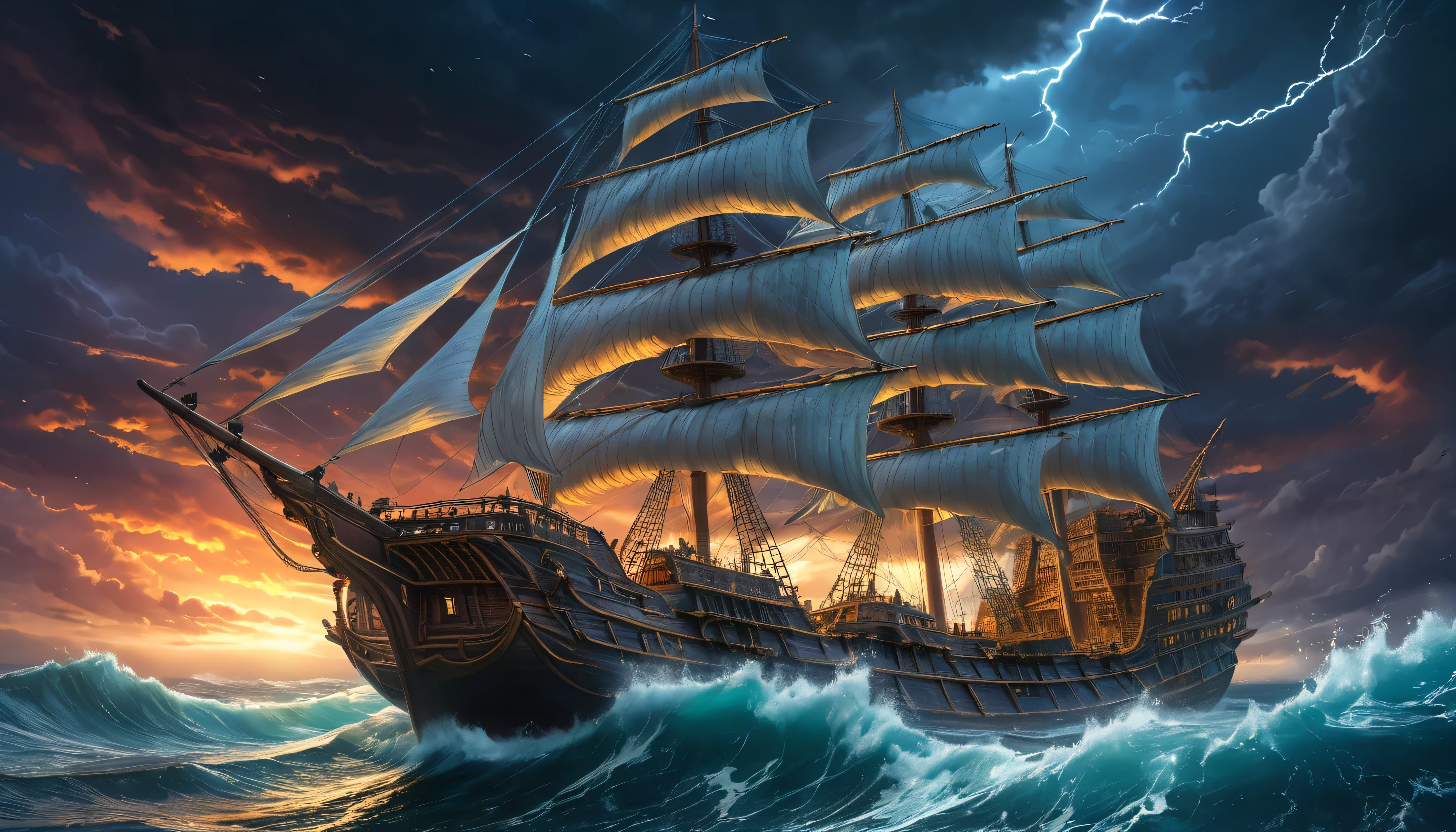 (anime, fantasy, grand wood ship), (best quality, highres, HDR:1.2), ship on the horizon, vibrant colors, ominous atmosphere, storm in the ocean, huge waves, dangerous, dark ocean, ethereal light, dramatic lighting, highly detailed, general shot