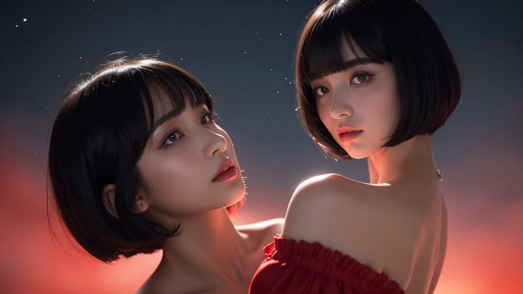 Delicate and dainty young woman with shiny bob-cut black hair . She is wearing an off-the-shoulder bright red. The background is a fantastic and ethereal night sky that seems to be haunted by a specter. Her expression is stern and atmospheric. Angle from directly below. face closeup
