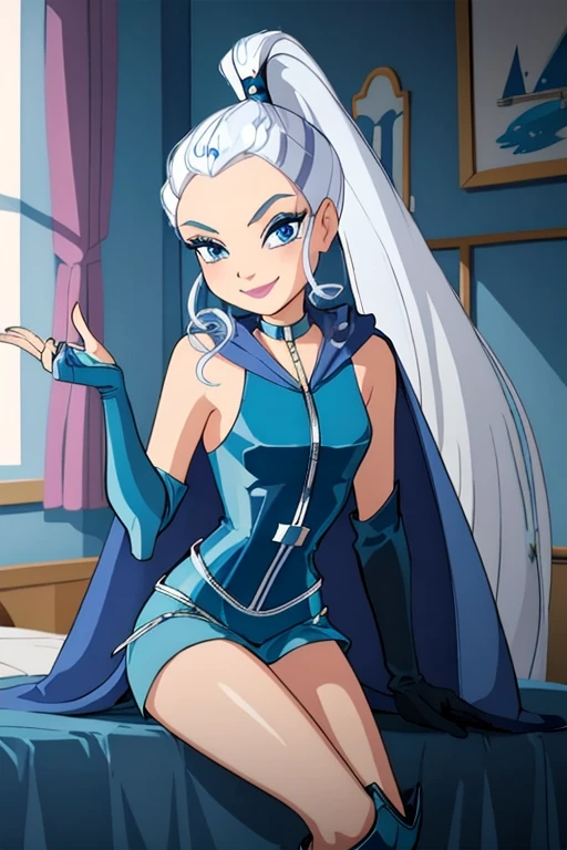 
 blue eyes, white hair, ponytail, very long hair, eyeshadow, WitchOutfit, sleeveless, dark-blue bodysuit, kneeboots, gloves, blue cape, icywinx, smile, room, stsnding, room