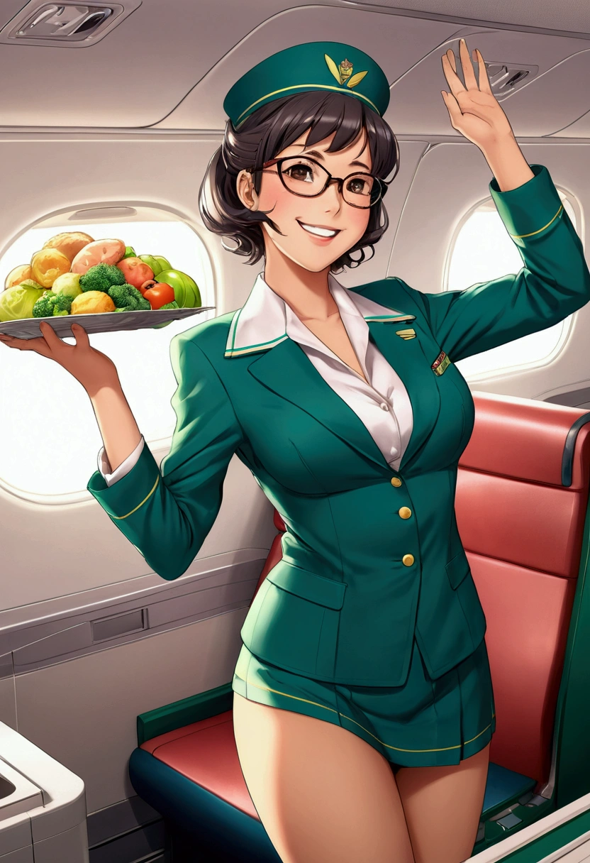 anime girl, colored anime style with three color tones, stewardess, smiling, carrying the food, with glasses, by the green wide, big bust, anime style color, waving with one hand, toyotaro style, showing breasts, lingerie classic